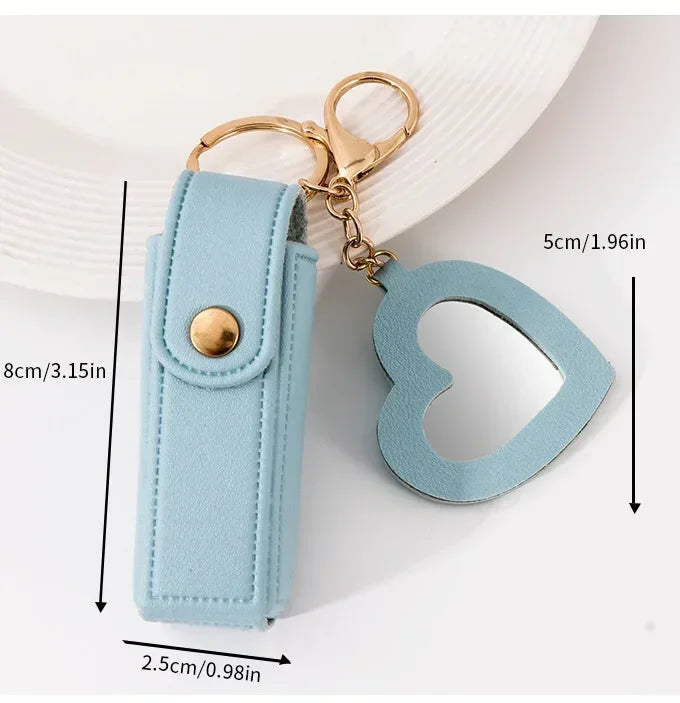 Custom Mini PU Leather Portable Keychain Lipstick Makeup Pouch Lip Balm Bag Keyring Creative Small Mirror Car Bag Hanging Gift