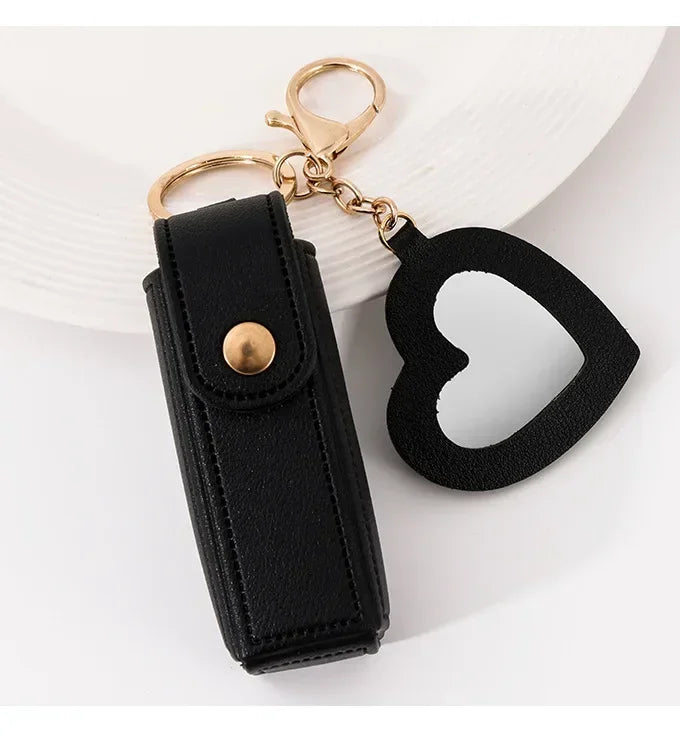 Custom Mini PU Leather Portable Keychain Lipstick Makeup Pouch Lip Balm Bag Keyring Creative Small Mirror Car Bag Hanging Gift