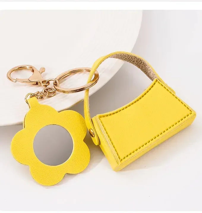 Custom Mini PU Leather Portable Keychain Lipstick Makeup Pouch Lip Balm Bag Keyring Creative Small Mirror Car Bag Hanging Gift