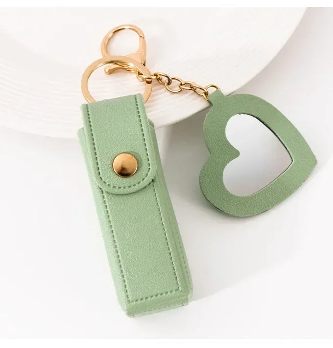 Custom Mini PU Leather Portable Keychain Lipstick Makeup Pouch Lip Balm Bag Keyring Creative Small Mirror Car Bag Hanging Gift