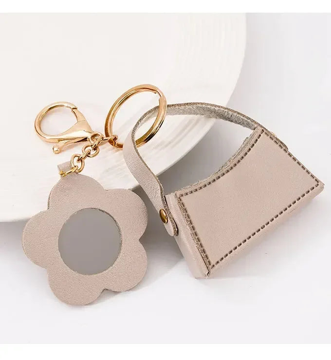 Custom Mini PU Leather Portable Keychain Lipstick Makeup Pouch Lip Balm Bag Keyring Creative Small Mirror Car Bag Hanging Gift