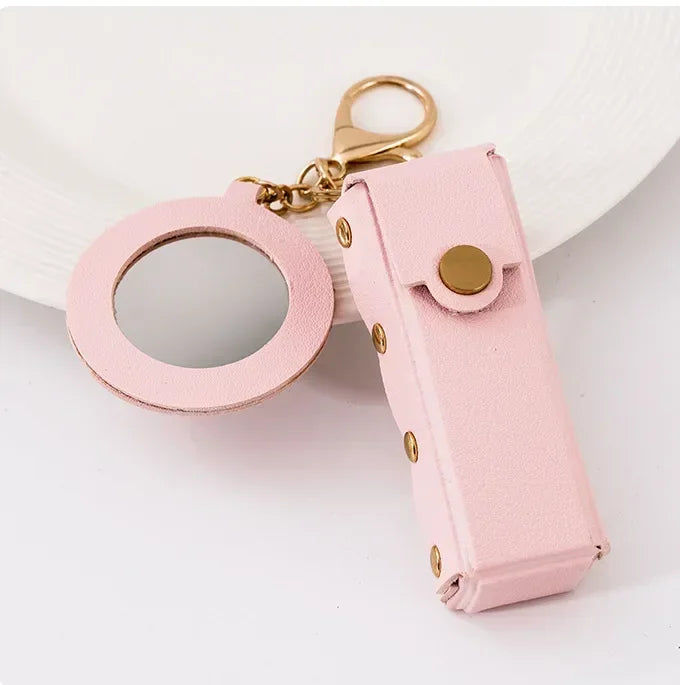 Custom Mini PU Leather Portable Keychain Lipstick Makeup Pouch Lip Balm Bag Keyring Creative Small Mirror Car Bag Hanging Gift