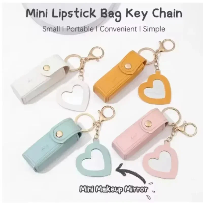 Custom Mini PU Leather Portable Keychain Lipstick Makeup Pouch Lip Balm Bag Keyring Creative Small Mirror Car Bag Hanging Gift