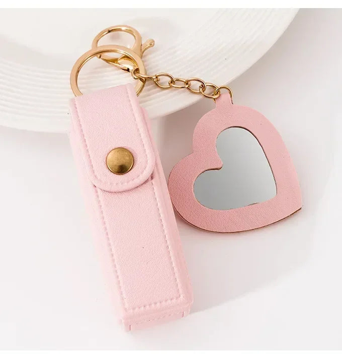 Custom Mini PU Leather Portable Keychain Lipstick Makeup Pouch Lip Balm Bag Keyring Creative Small Mirror Car Bag Hanging Gift