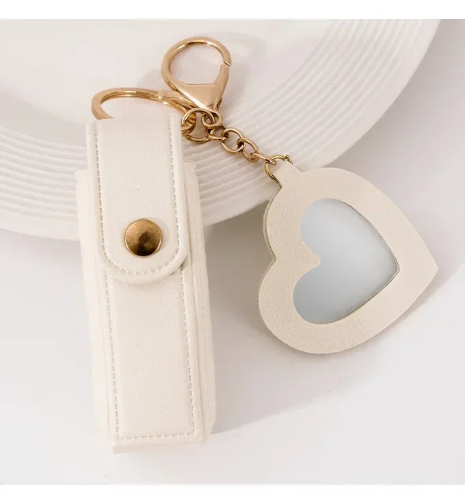 Custom Mini PU Leather Portable Keychain Lipstick Makeup Pouch Lip Balm Bag Keyring Creative Small Mirror Car Bag Hanging Gift