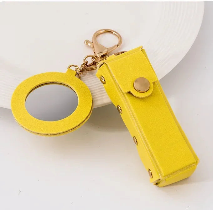 Custom Mini PU Leather Portable Keychain Lipstick Makeup Pouch Lip Balm Bag Keyring Creative Small Mirror Car Bag Hanging Gift