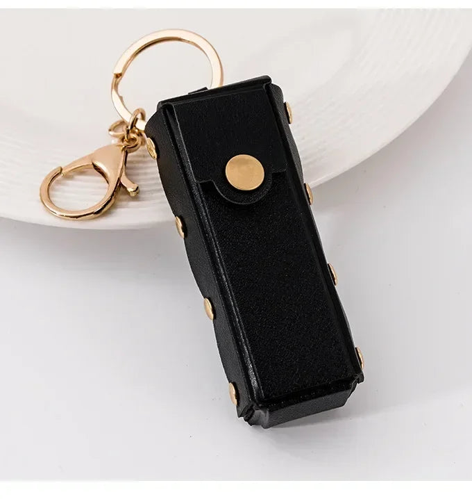 Custom Mini PU Leather Portable Keychain Lipstick Makeup Pouch Lip Balm Bag Keyring Creative Small Mirror Car Bag Hanging Gift