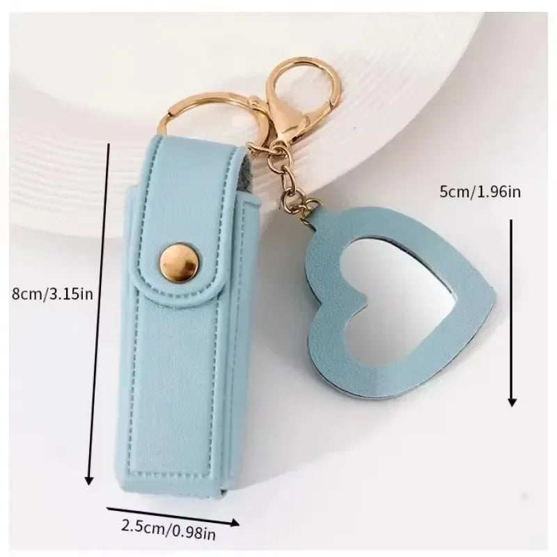 Custom Mini PU Leather Portable Keychain Lipstick Makeup Pouch Lip Balm Bag Keyring Creative Small Mirror Car Bag Hanging Gift