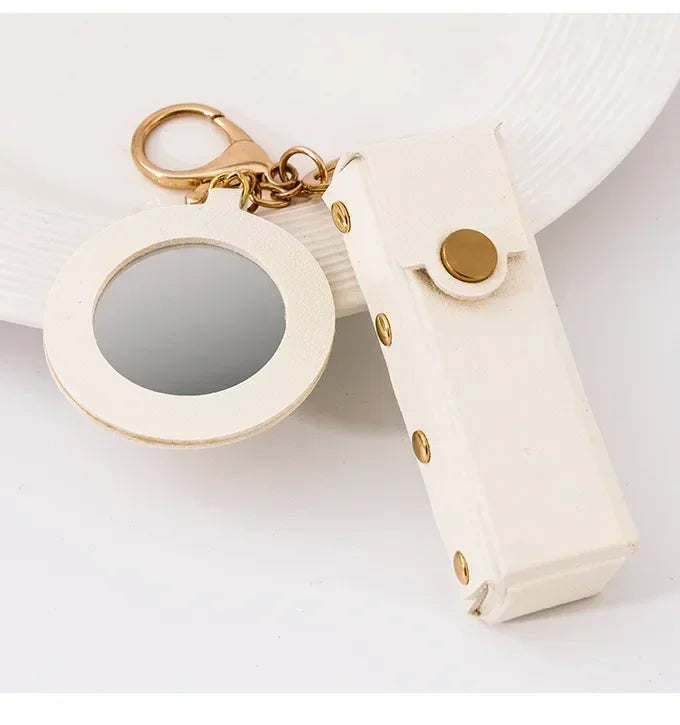 Custom Mini PU Leather Portable Keychain Lipstick Makeup Pouch Lip Balm Bag Keyring Creative Small Mirror Car Bag Hanging Gift