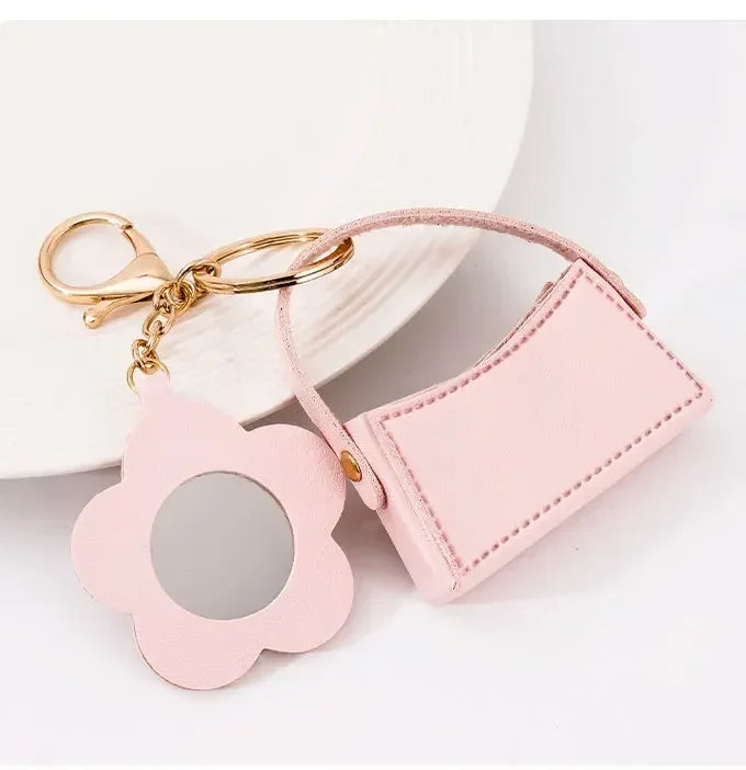 Custom Mini PU Leather Portable Keychain Lipstick Makeup Pouch Lip Balm Bag Keyring Creative Small Mirror Car Bag Hanging Gift