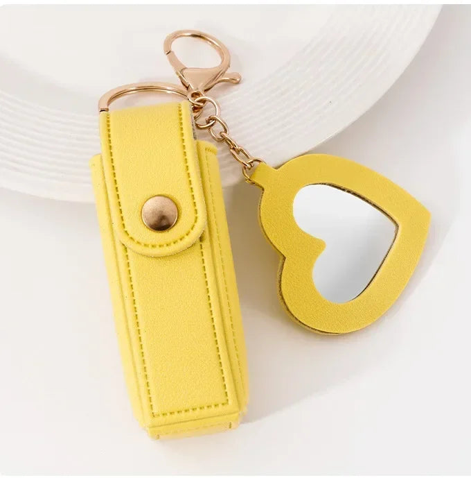Custom Mini PU Leather Portable Keychain Lipstick Makeup Pouch Lip Balm Bag Keyring Creative Small Mirror Car Bag Hanging Gift