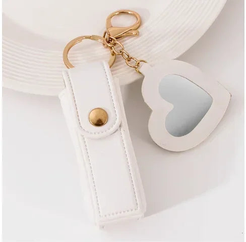 Custom Mini PU Leather Portable Keychain Lipstick Makeup Pouch Lip Balm Bag Keyring Creative Small Mirror Car Bag Hanging Gift