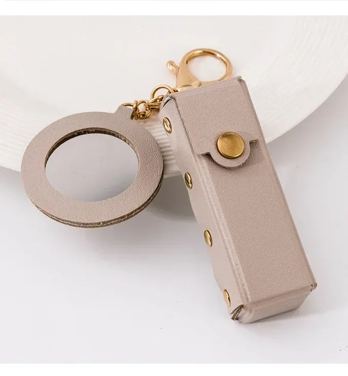 Custom Mini PU Leather Portable Keychain Lipstick Makeup Pouch Lip Balm Bag Keyring Creative Small Mirror Car Bag Hanging Gift