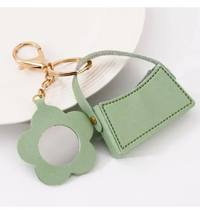 Custom Mini PU Leather Portable Keychain Lipstick Makeup Pouch Lip Balm Bag Keyring Creative Small Mirror Car Bag Hanging Gift