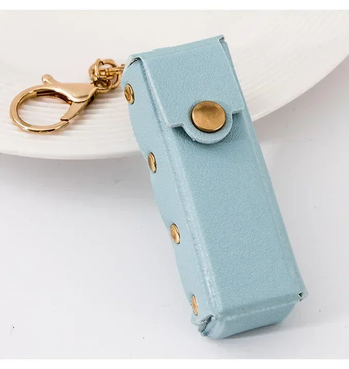 Custom Mini PU Leather Portable Keychain Lipstick Makeup Pouch Lip Balm Bag Keyring Creative Small Mirror Car Bag Hanging Gift