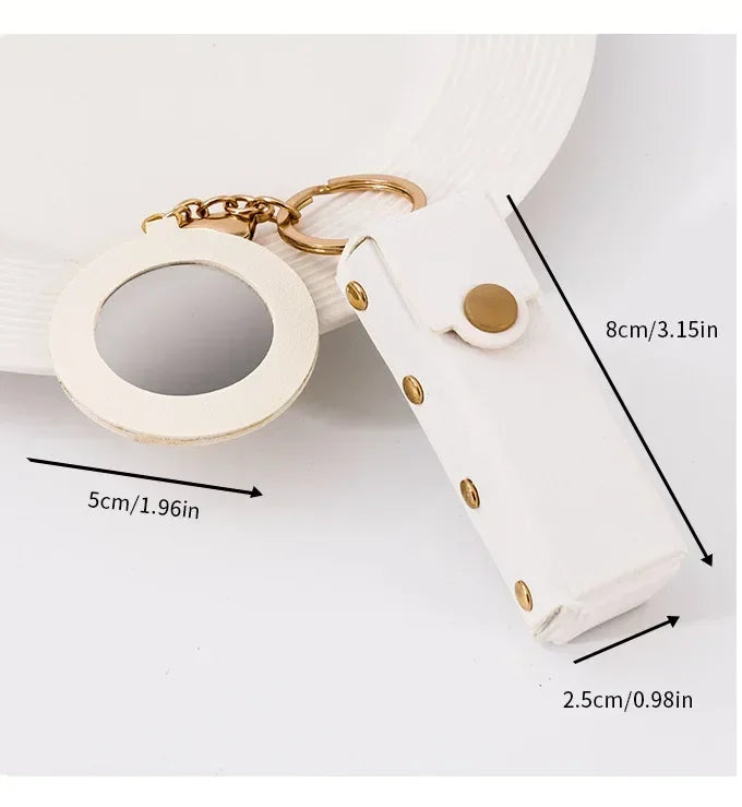Custom Mini PU Leather Portable Keychain Lipstick Makeup Pouch Lip Balm Bag Keyring Creative Small Mirror Car Bag Hanging Gift