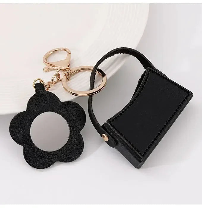 Custom Mini PU Leather Portable Keychain Lipstick Makeup Pouch Lip Balm Bag Keyring Creative Small Mirror Car Bag Hanging Gift