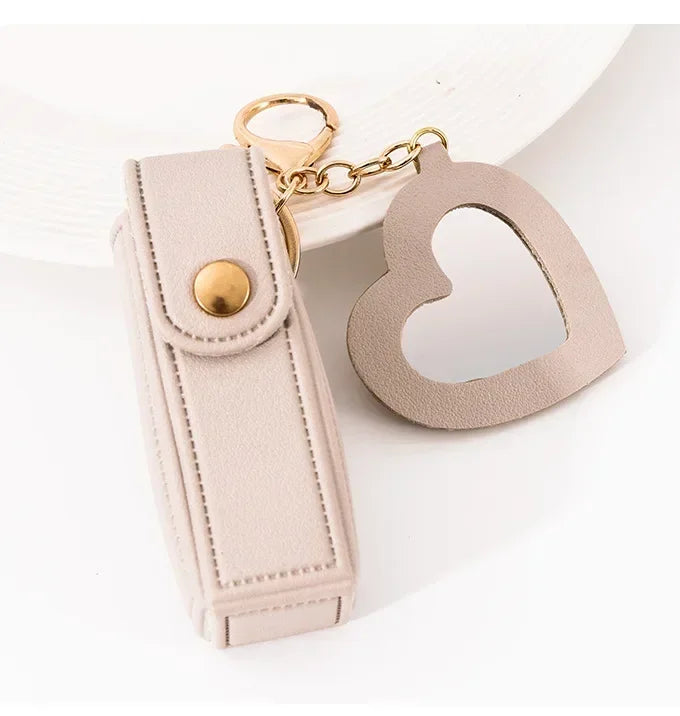 Custom Mini PU Leather Portable Keychain Lipstick Makeup Pouch Lip Balm Bag Keyring Creative Small Mirror Car Bag Hanging Gift