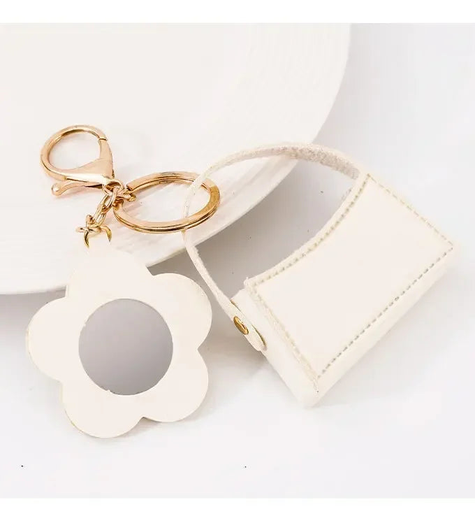 Custom Mini PU Leather Portable Keychain Lipstick Makeup Pouch Lip Balm Bag Keyring Creative Small Mirror Car Bag Hanging Gift